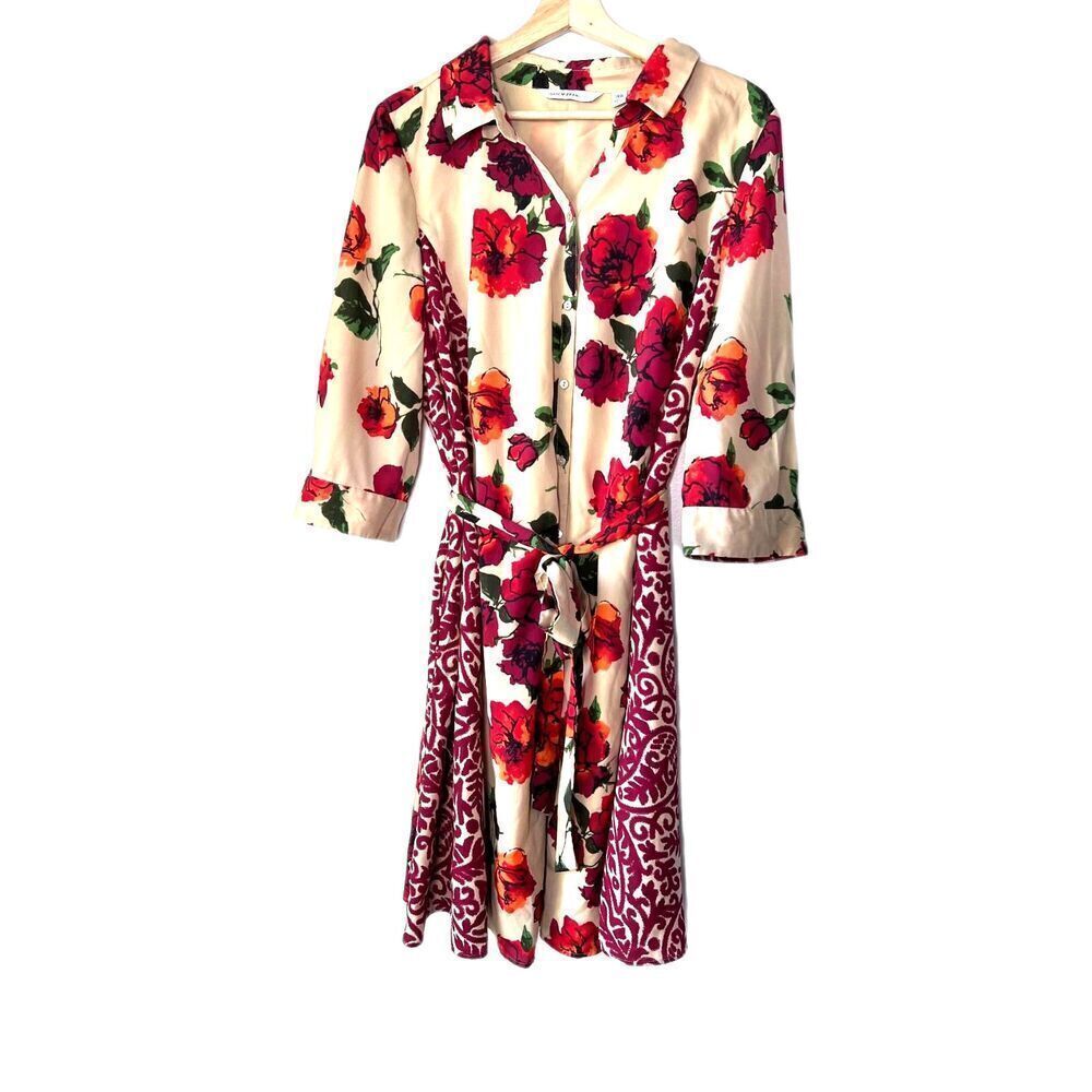 women's tan red floral dress tie casual 3/4 sleeves pointed collar plus size 18W